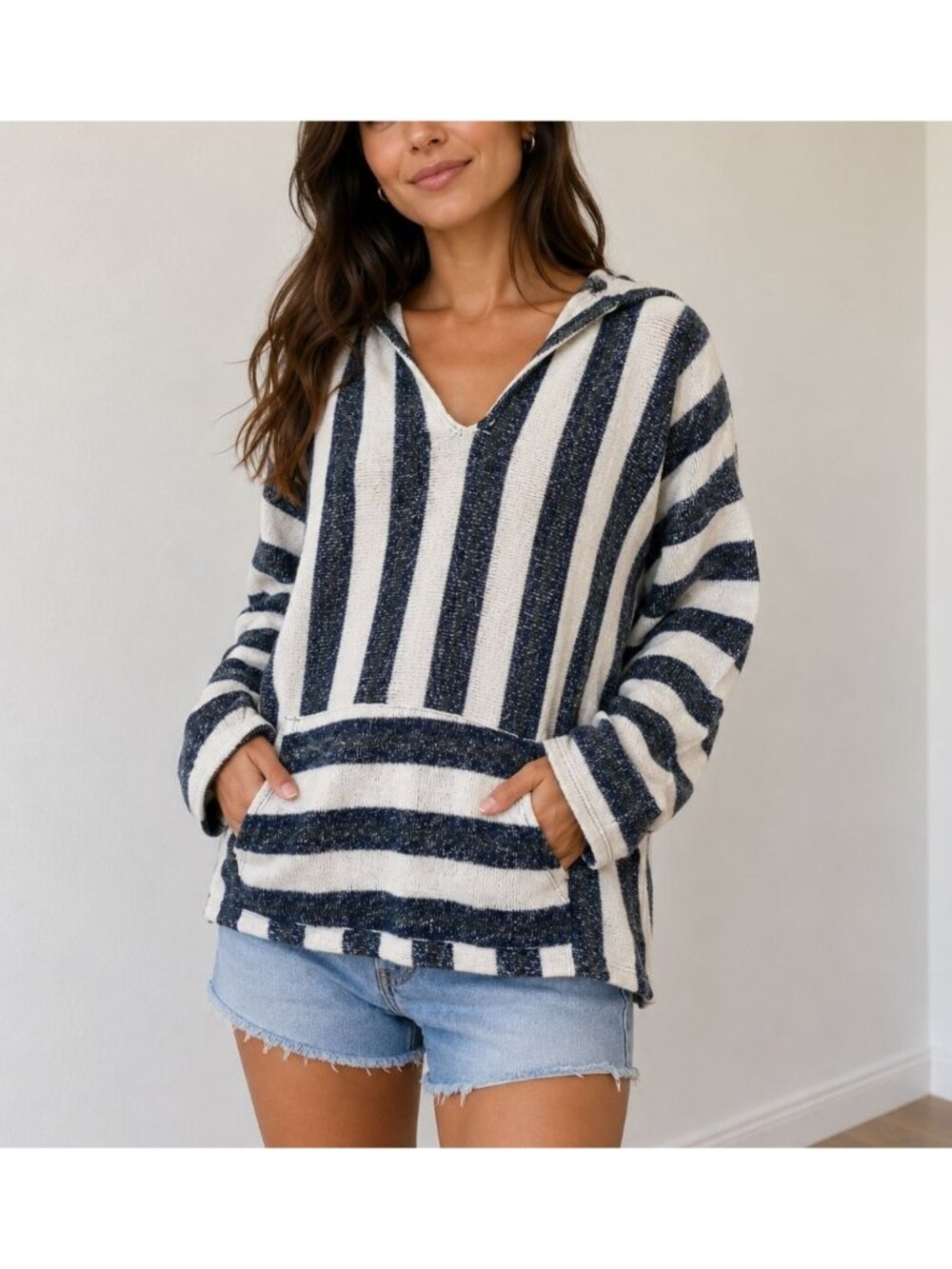 Paper Crane Striped Lightweight Hoodie Knit Small Coastal Beach Casual